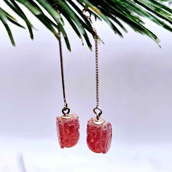 Premium Grade Nature Strawberry Quartz  Pi Xiu  925 Dangle Earring - Picture 7 of 9